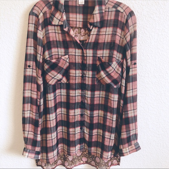 Band of Gypsies Tops - Band of Gypsies Sheer Plaid Button Down Shirt